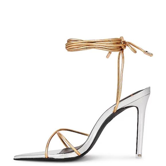 BLACK SUEDE STUDIO Talia Heels shoes Sandals Silver Gold ankle tie Revolve 8.5 - Picture 5 of 15